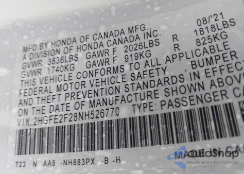 2022 Honda Civic Lx from USA, damaged, VIN 2HGFE2F28NH526770